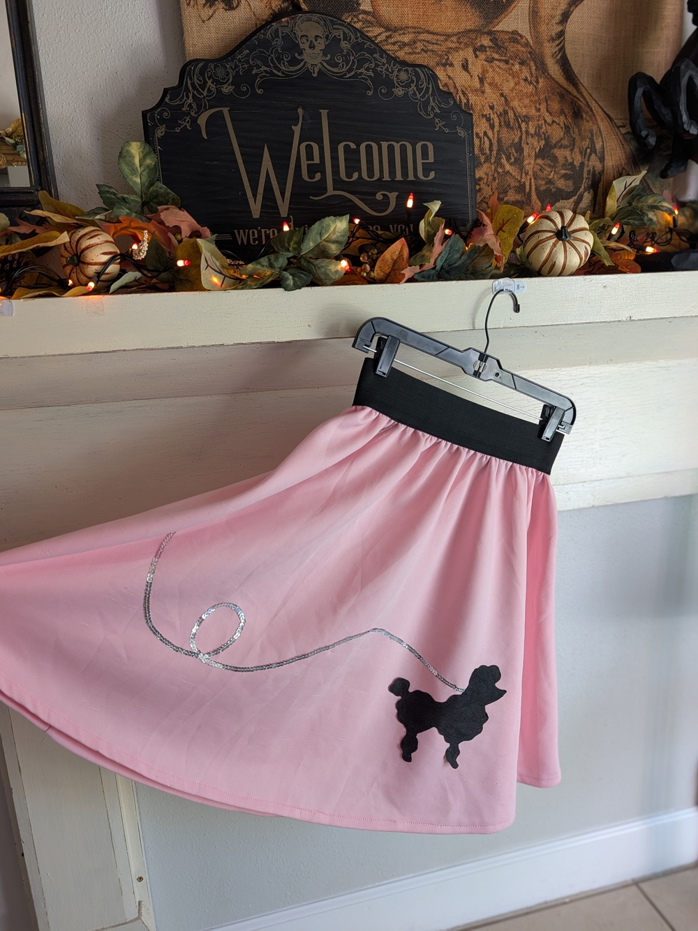 Pink Poodle 50s Skirt with Black Waistband and Poodle Detail